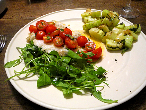 fluke_arugula_tomato_cucumber